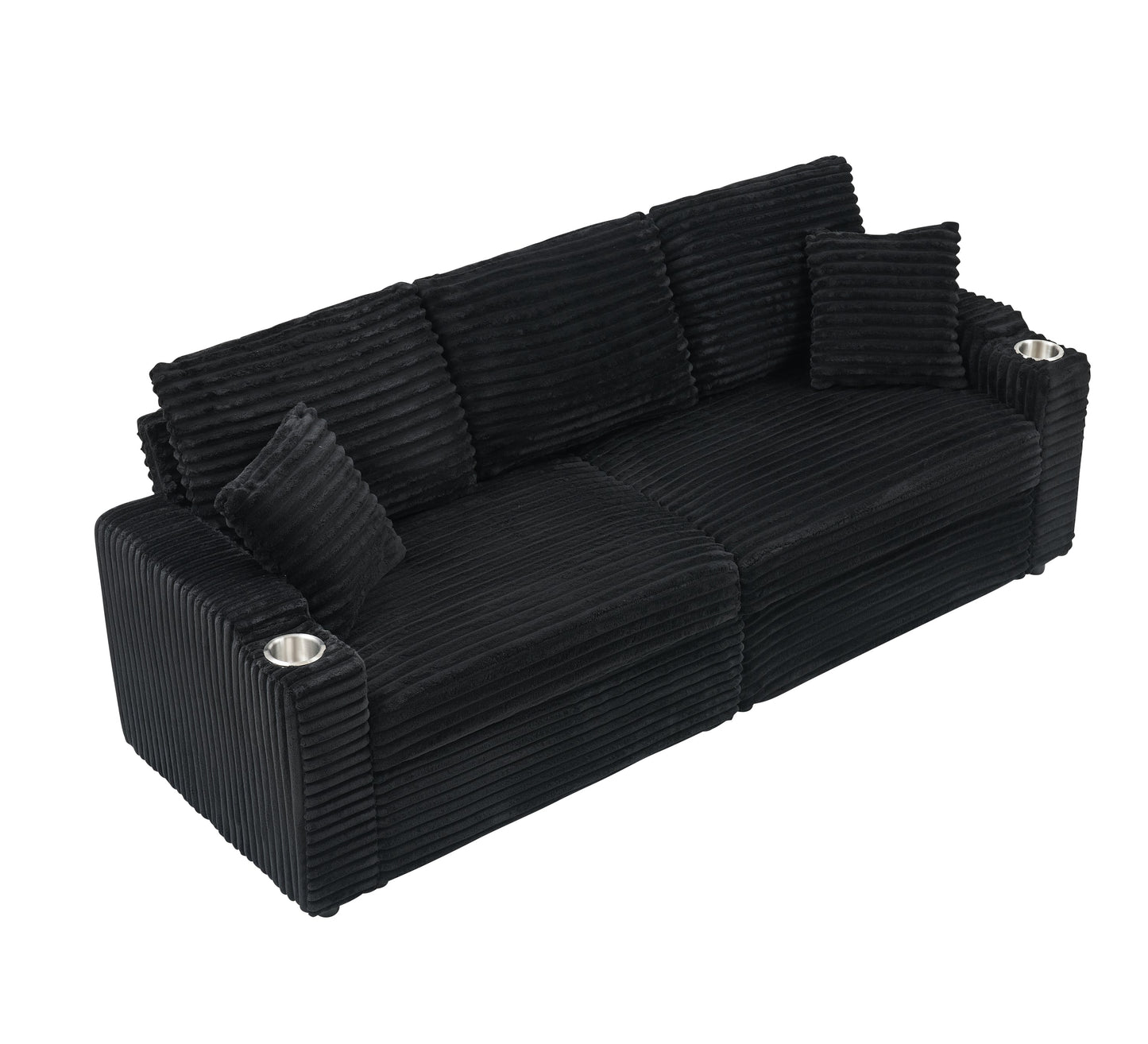NEW 80-inch 2-in-1 Folding Black Corduroy fabric Sofa equipped with Cup Holder and Pillow