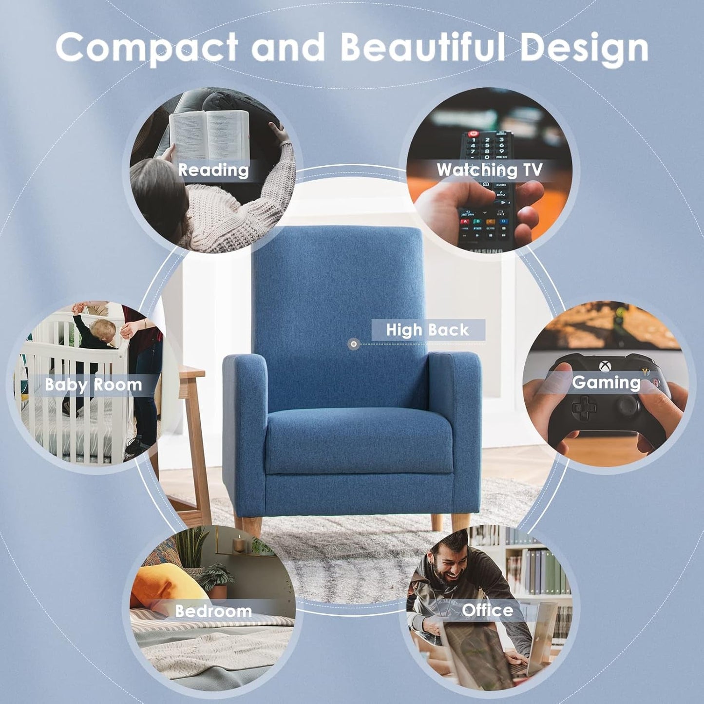 NEW Blue Upholstered Accent Armchair With Back Cushions