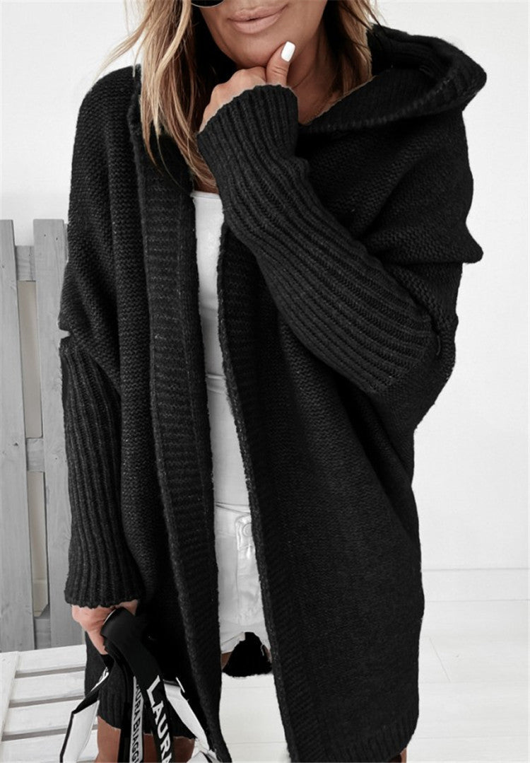 New Fashion Bat Sleeve Hooded Cardigan Oversized Loose Temperament Solid Color Sweater Womens Clothing