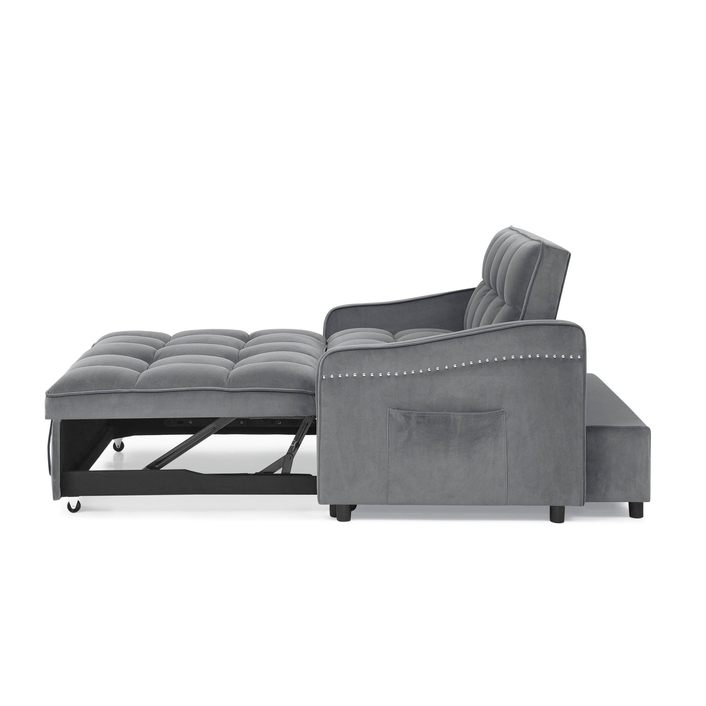 NEW Grey Copper Nail Loveseat Sofa Bed with Pull-out Bed Adjustable Back and Two Arm Pocket TypeC USB Charging