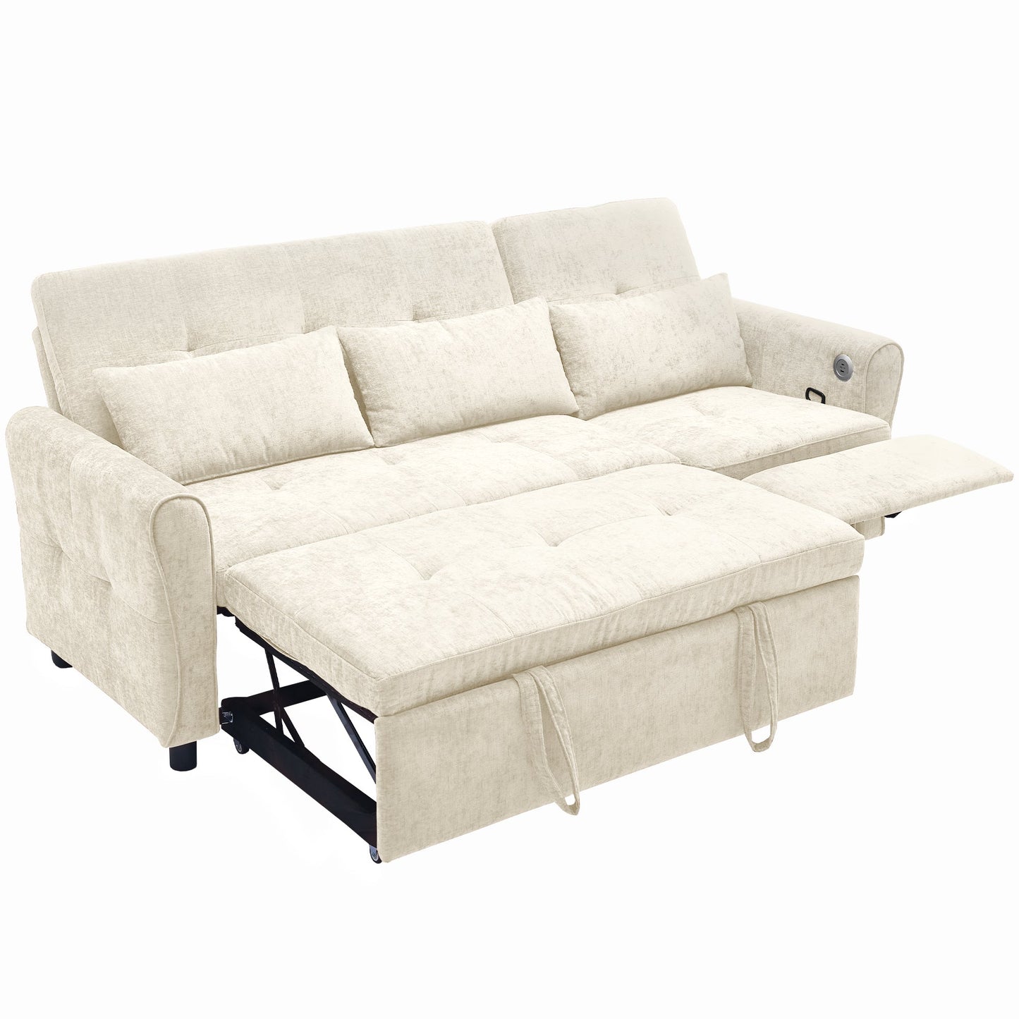 NEW Beige 82' Chenille Upholstered Two-in-One  Three-Seat Sofa with Pull-out Bed