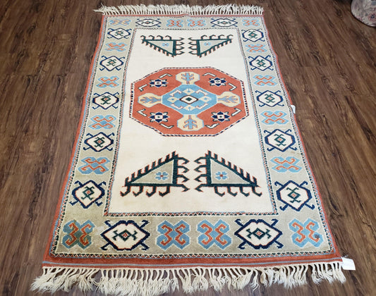 USED Vintage Turkish Rug 4x6, Beige Red Gray Carpet, Caucasian Design, Tribal Rug, Hand-Knotted, Boho Rug, Bohemian Home Decor