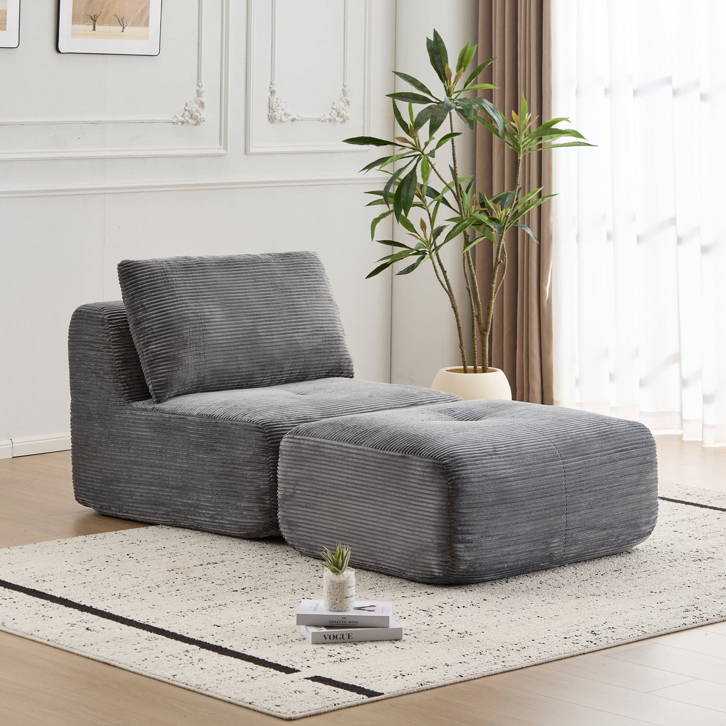 NEW Grey Single Corduroy Chaise Lounge Fabric Modern Memory Foam Compressed Sofa Cloud Modular Sectional Movable Ottoman