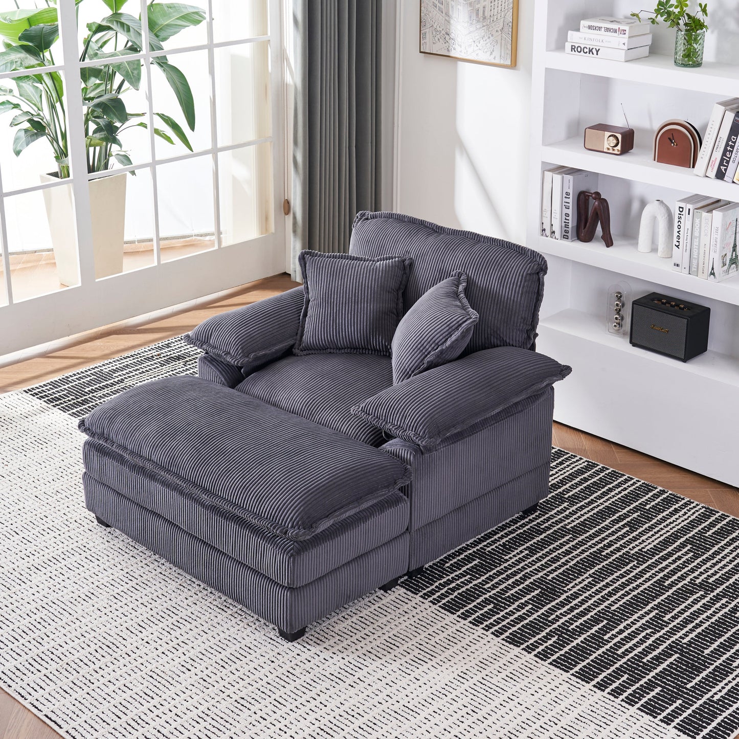 NEW 56.3 Inch Corduroy Single Comfy Deep Seat Couch Sofa with 2 Toss Pillows and Ottoman