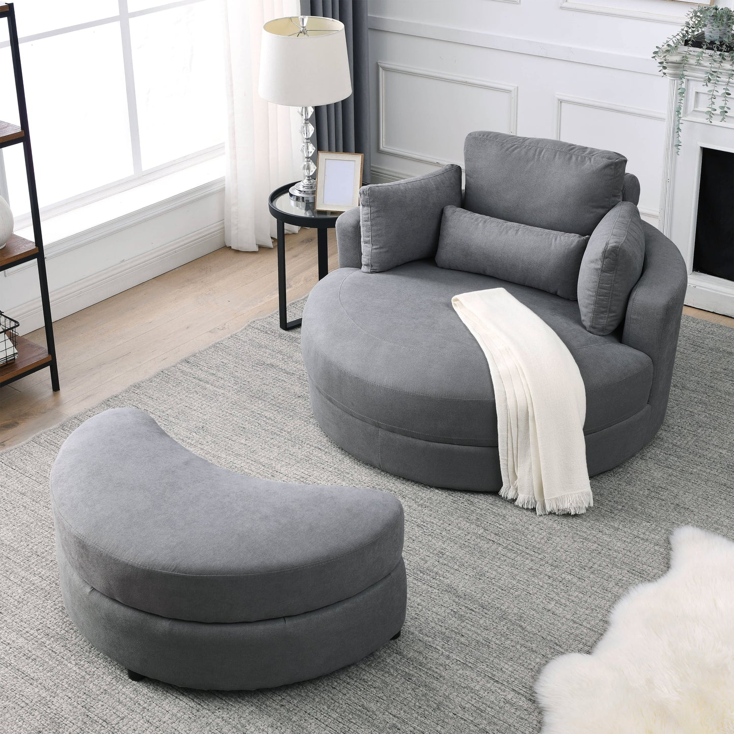 NEW Welike Swivel Accent Barrel Modern Dark Grey Sofa Lounge Club Big Round Chair with Storage Ottoman and Pillows