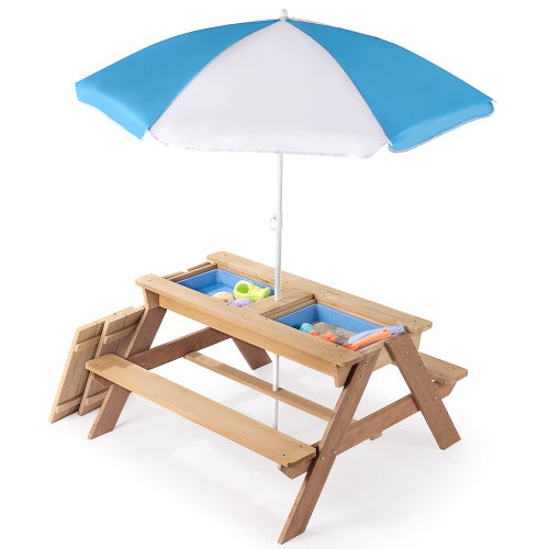 NEW 3-in-1 Kids Outdoor Cedar Wooden Picnic Table With Umbrella Convertible Sand Box And Water Kettle