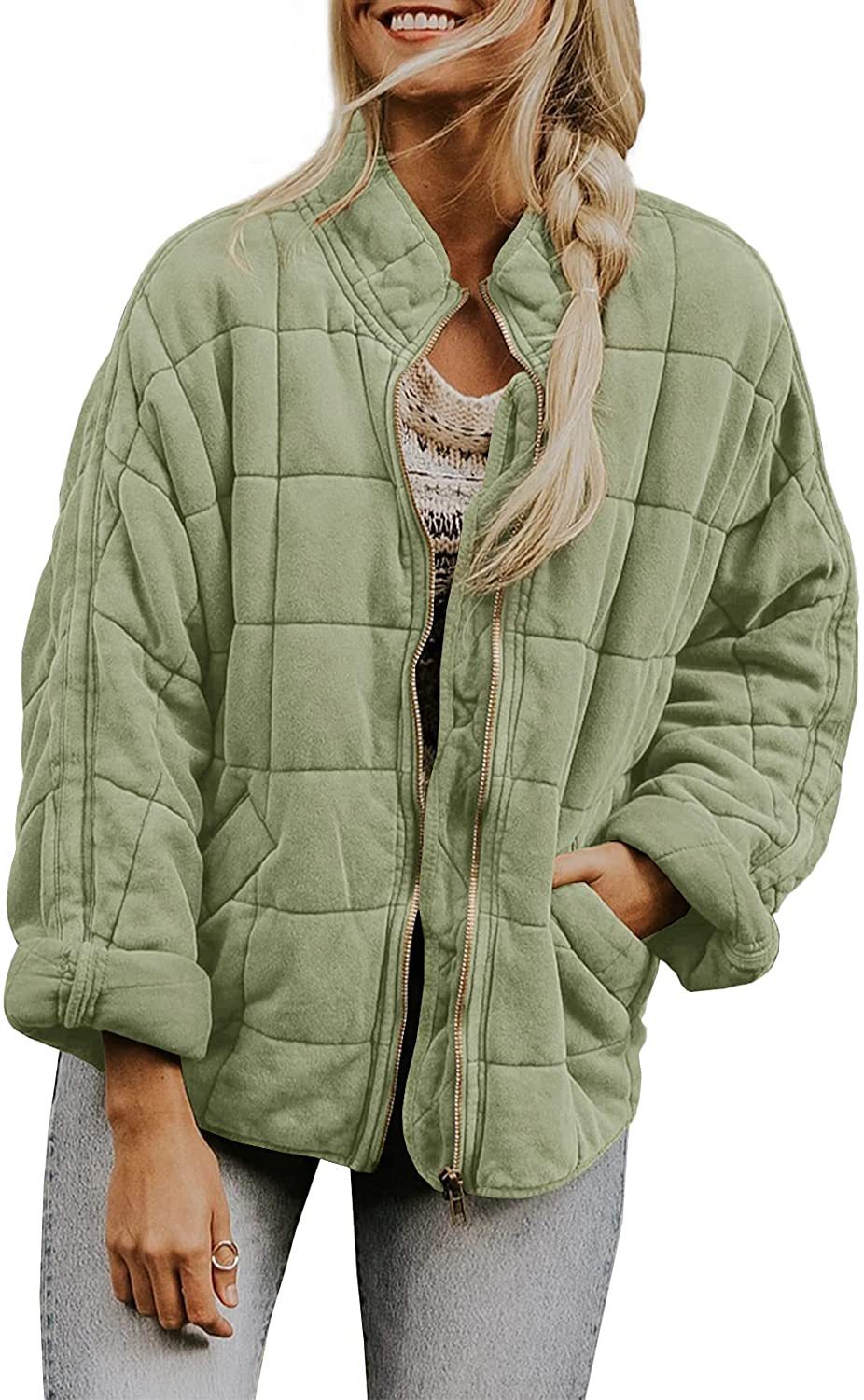 New Winter Zip-up Stand Collar Coat With Pockets Fashion Solid Color Plaid Long Sleeved Jacket Women's Clothing