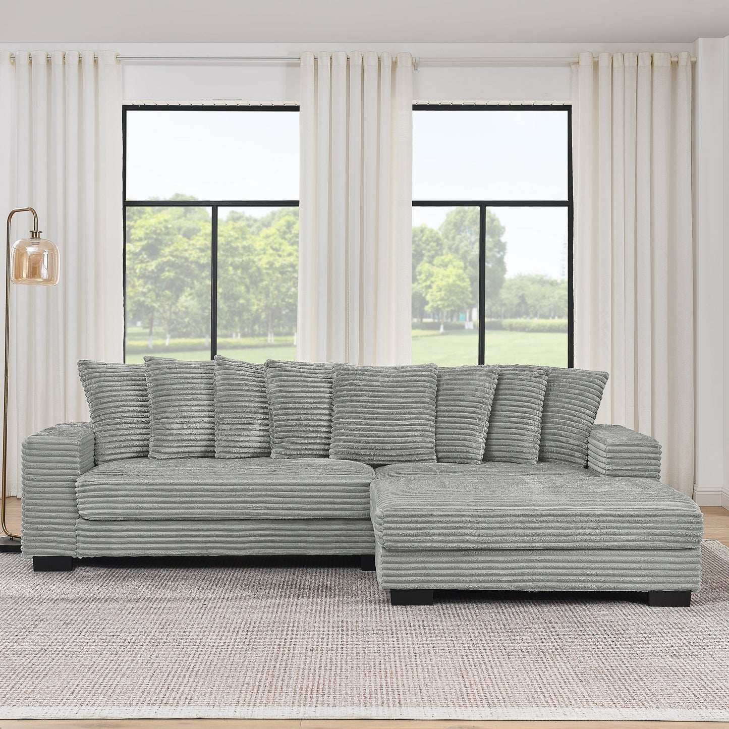 NEW Gray Corduroy Tufted Upholstered Sleeper Sectional L-Shaped Modular Convertible Sofa