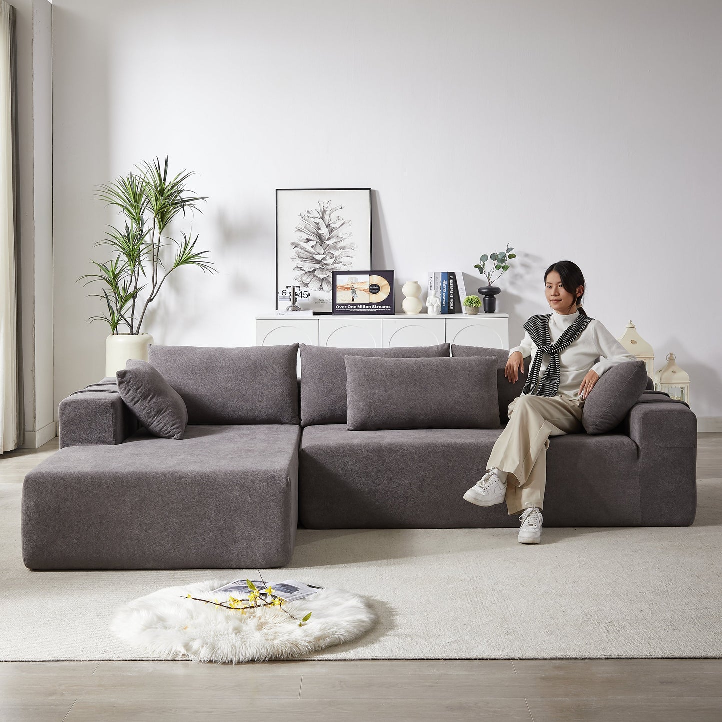 NEW Modern Chenille Upholstered Sectional Sofa Couch Set,Modular 108' L Shaped Sectional Living Room Sofa Set With 6 Pillows,Free Combination Sofa Couch for Living Room,Bedroom(Left Chaise)W834P240001