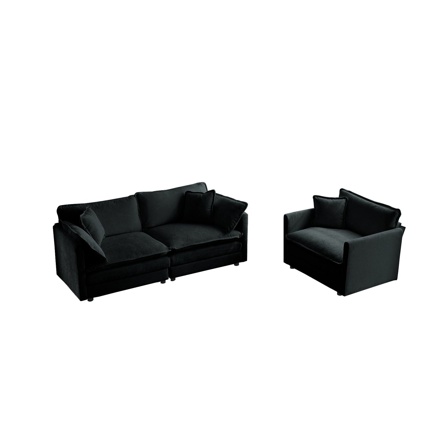 NEW 2 Seater Loveseat and Chair Set, 2 Piece Sofa & Chair Set, Loveseat and Accent Chair , 2-Piece Upholstered Chenille Sofa Living Room Couch Furniture(1+2 Seat ) ,Black Chenille