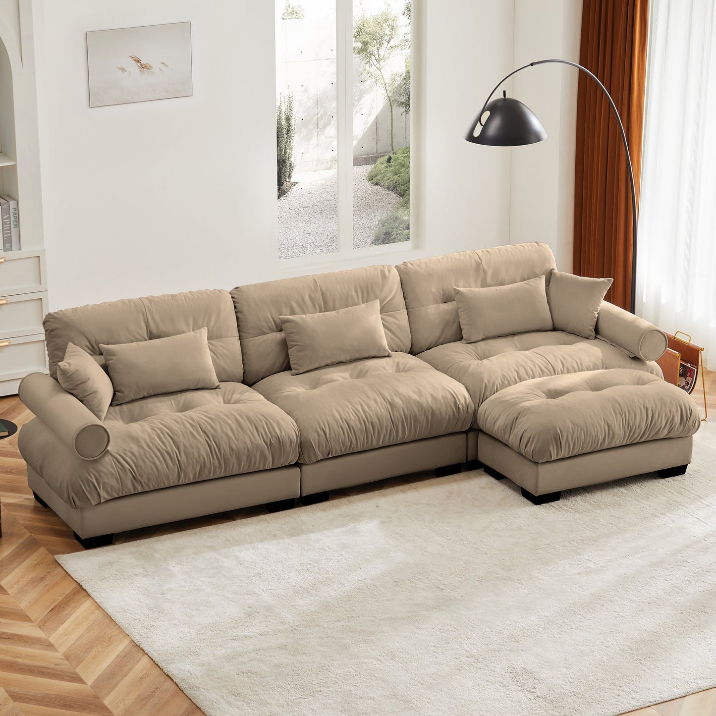 NEW Super Comfort Oversized Modular Camel Velvet Convertible L Shaped Couch Sectional Sofa with Movable Ottoman
