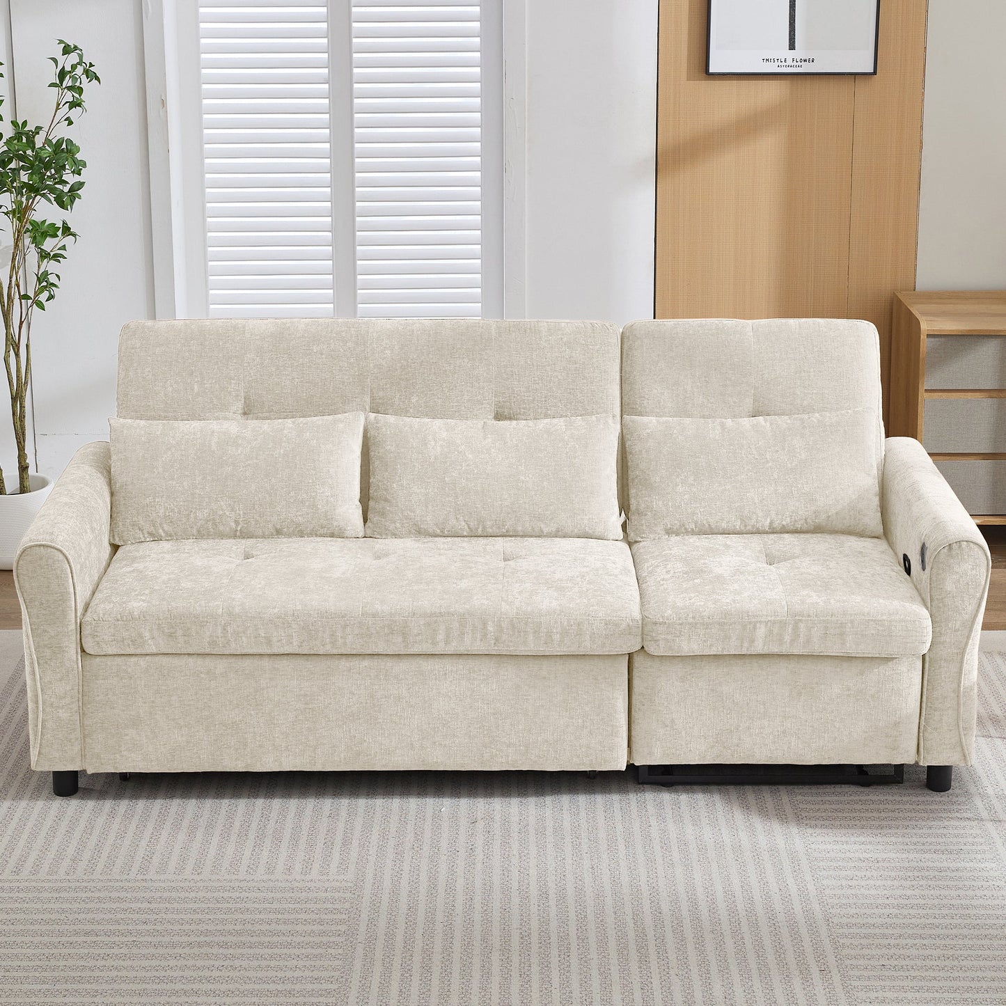 NEW Beige 82' Chenille Upholstered Two-in-One  Three-Seat Sofa with Pull-out Bed
