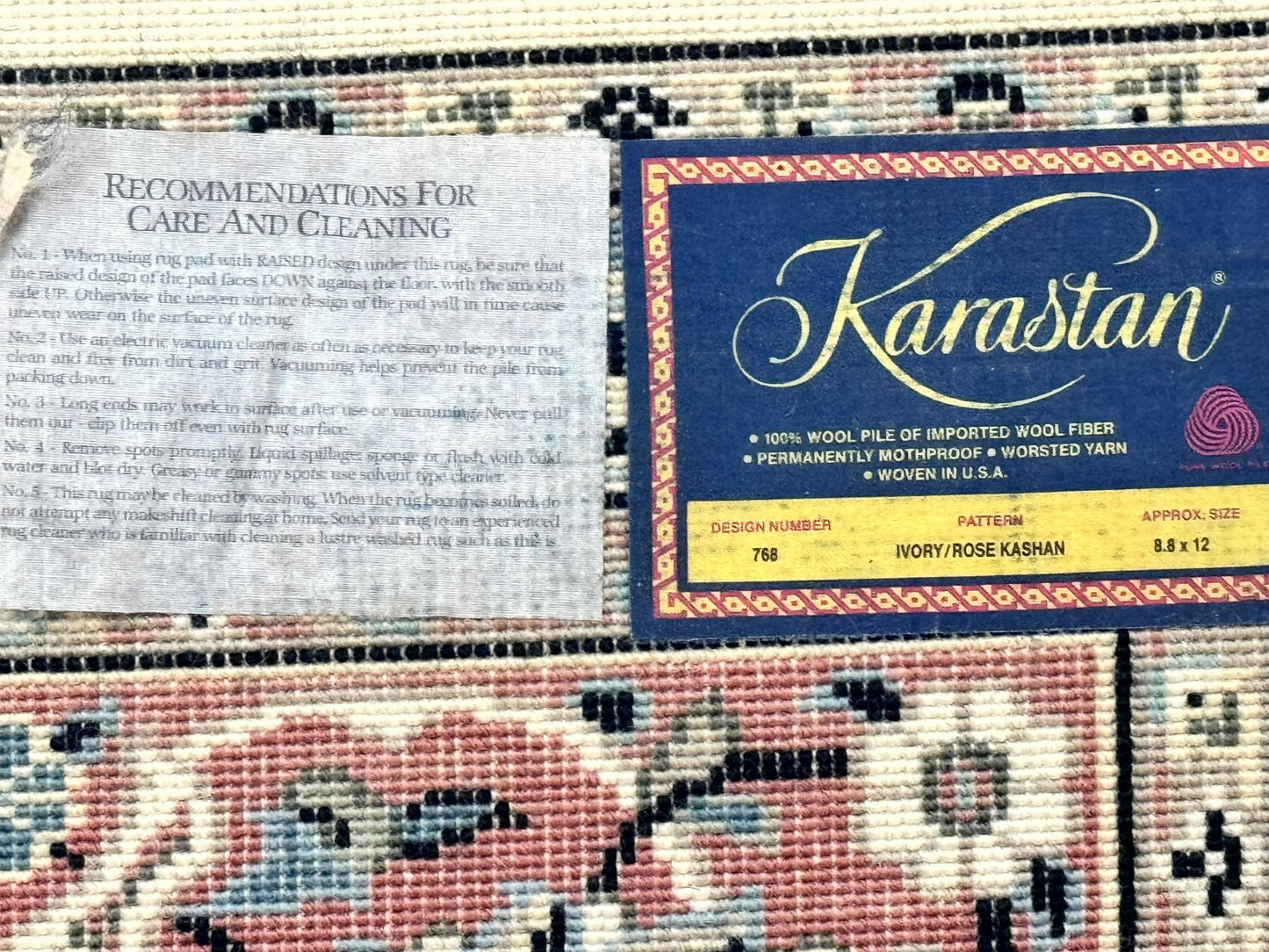 USED Karastan Rug 8.8 x 12, Ivory Rose Kashan #768, Wool Pile Karastan Carpet, Original 700 Series, Rare, Discontinued, Vintage
