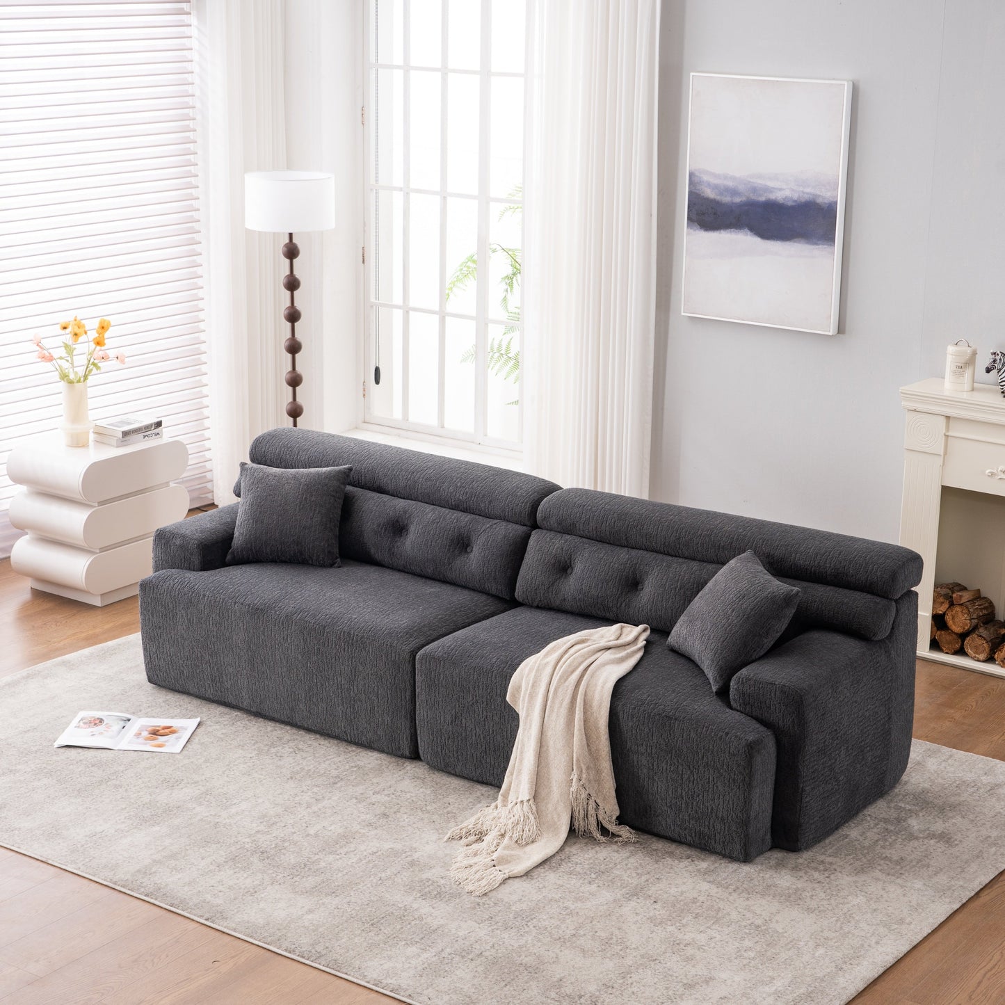NEW LY-029 Gray 4-Seater Wood Grain Chenille Fabric Full Sponge Compression Sofa with 2 Pillows