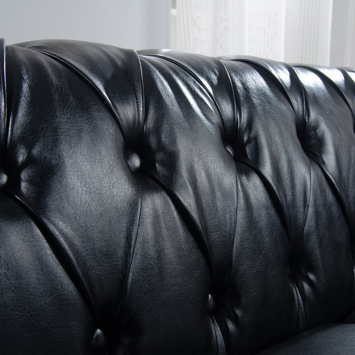 NEW 84.65' BLACK PU Rolled Arm Chesterfield Three Seater Sofa Couch