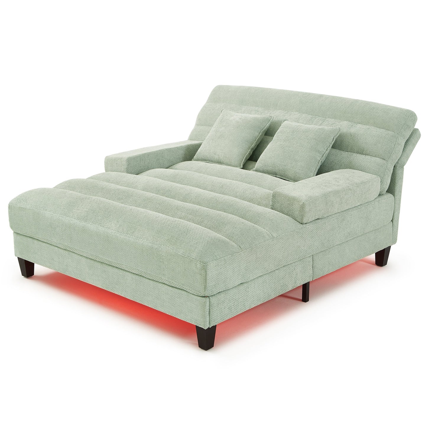 NEW Modern Chaise Lounge Sofa Bed with Adjustable Backrest and LED Light Strip, Green Chenille Upholstered, 57.1 Inches