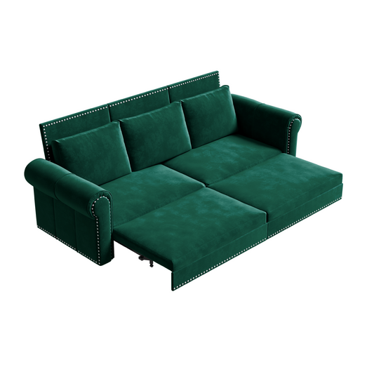 NEW 93.7' Green King 3-in-1 Velvet Convertible Sleeper Pull Out Sofa Bed with Nailhead Trim & Rolled Arm, Multi-Functional Sofa Bed