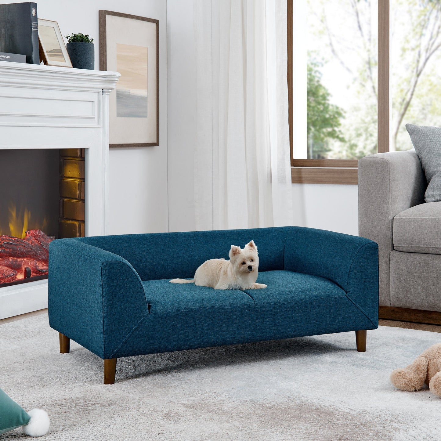NEW Modern Blue Linen Rectangular Pet Sofa with Backrest and Armrests for Small and Medium Dogs