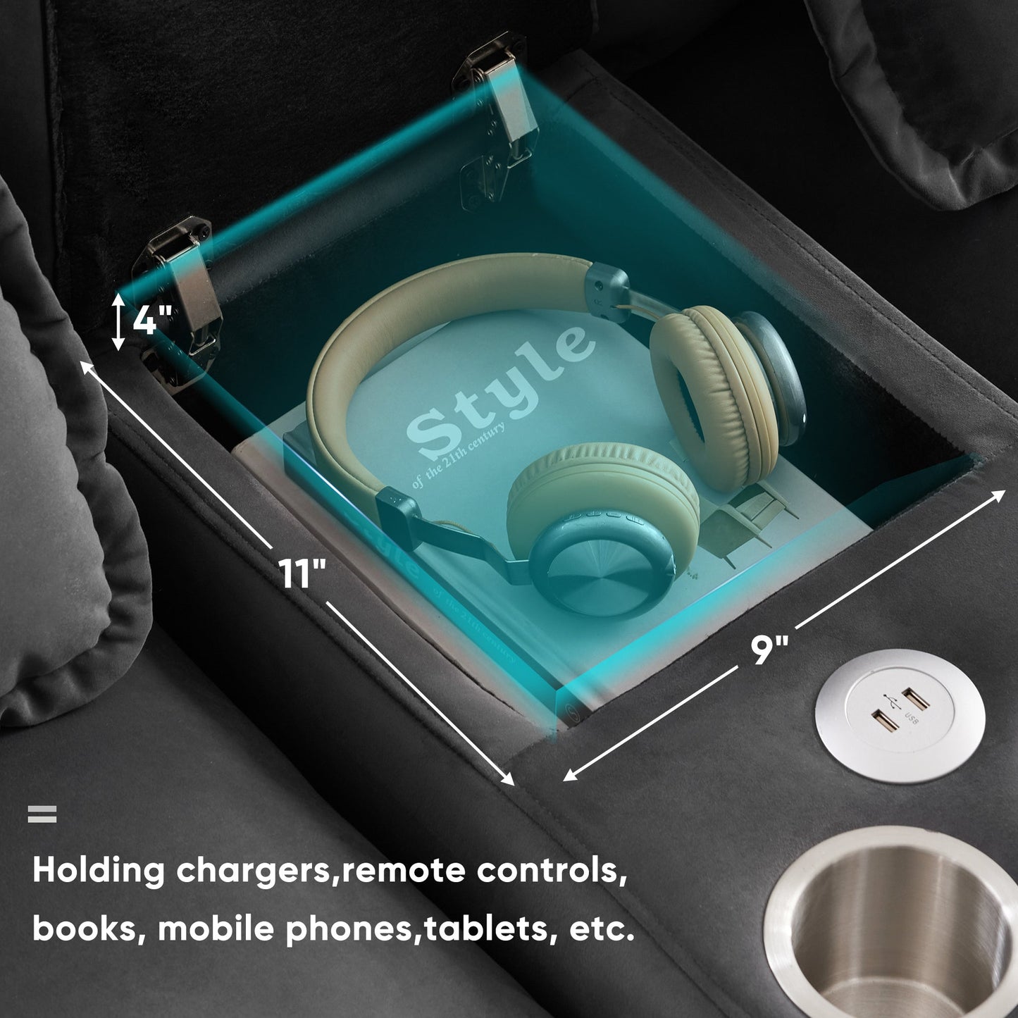 NEW Modern Gray Velvet Upholstered U-shaped 6-Seat Sofa with Console Cupholders and USB Ports