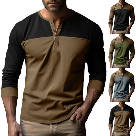 New Retro Trendy Long-sleeve Color Matching Henry Collar Bottoming Shirt Casual T-shirt