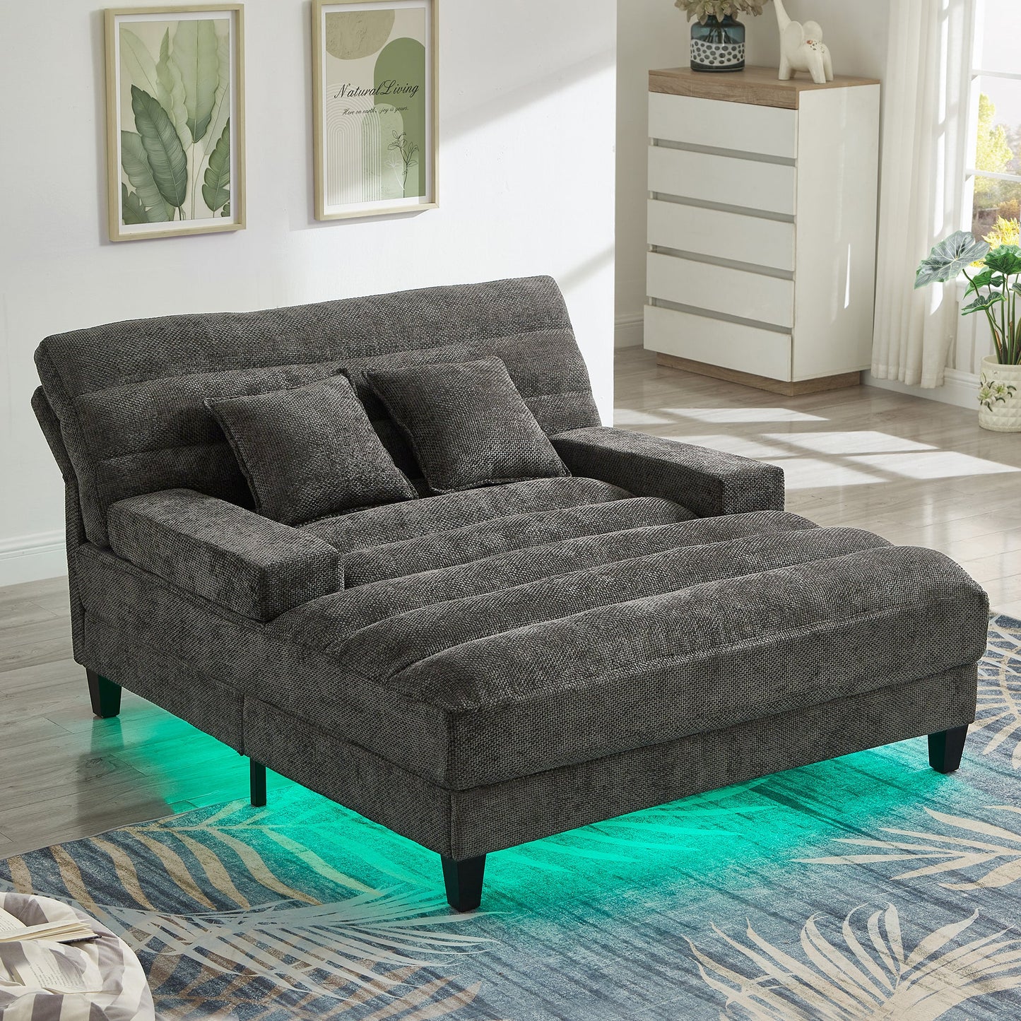 NEW  Grey Chenille LED Light Strip Upholstered Modern Chaise Lounge Sofa Bed