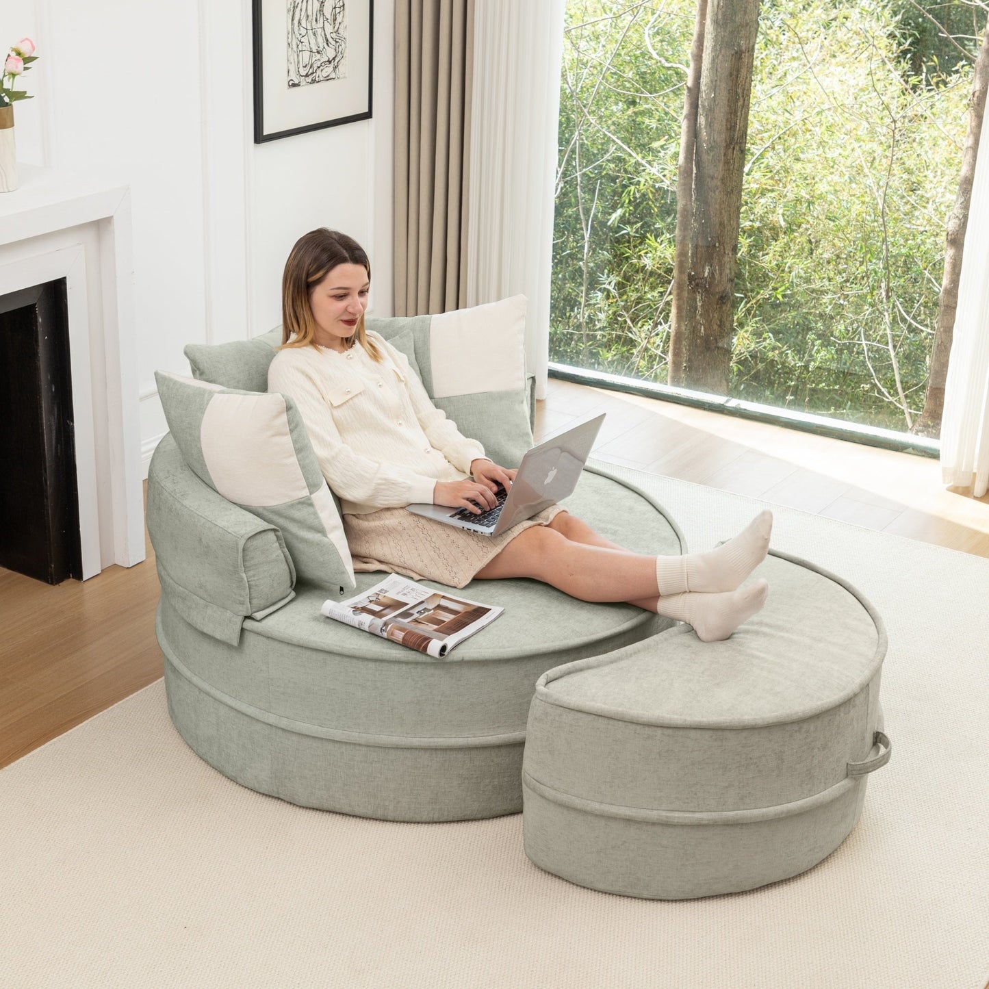 NEW Modern Oversized Blue Round Barrel Accent Chair with Ottoman - Velvet Upholstered Lounge Armchair with 5 Pillows for Living Room or Bedroom