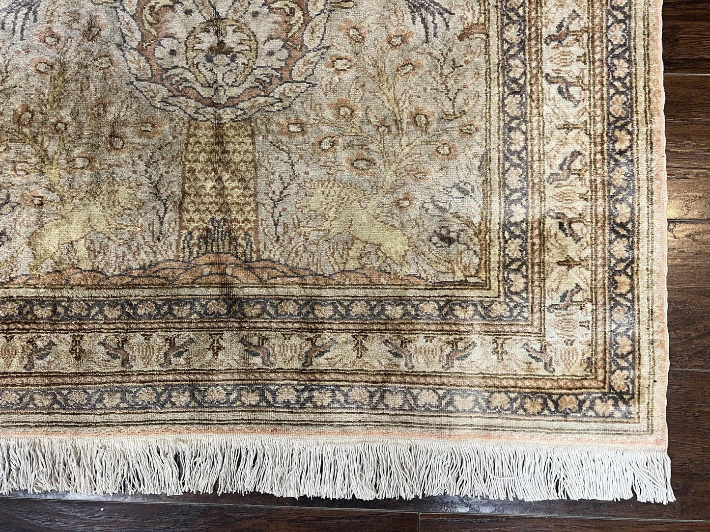USED Turkish Kayseri Silk Rug 4x6, Tree of Life Pattern, Vintage Handmade Hand Knotted Carpet, Animal Pictorials, Birds