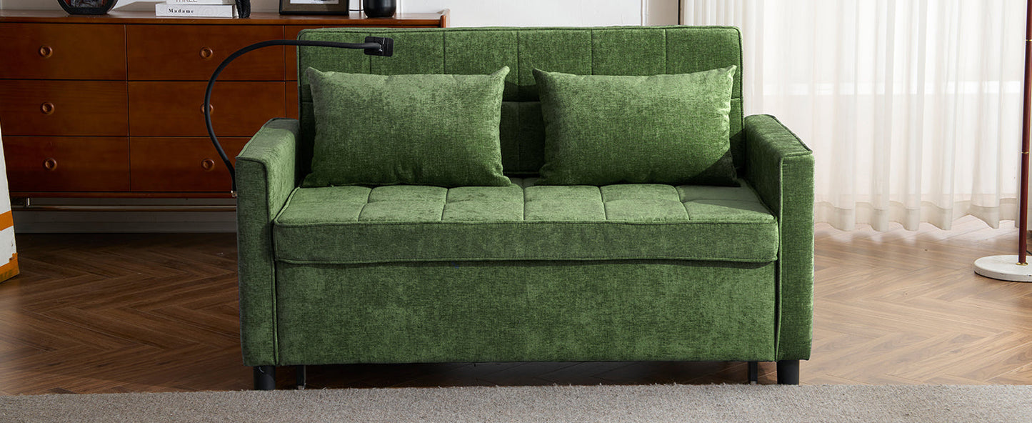 NEW 56.9' Convertible Loveseat Sofa Bed with Adjustable Backrest, USB Ports, Phone Holder, Side Pockets, Green Chenille,