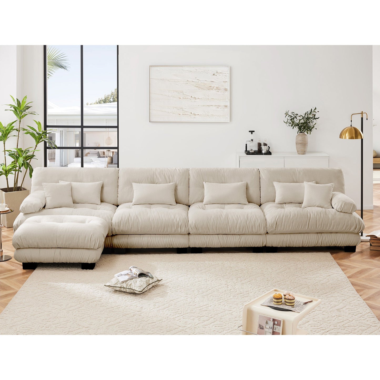 NEW Free Combination Chenille Light Coffee Modular Sectional L Shaped 4-Seater Comfy Cloud Sofa Couch with Convertible Ottoman