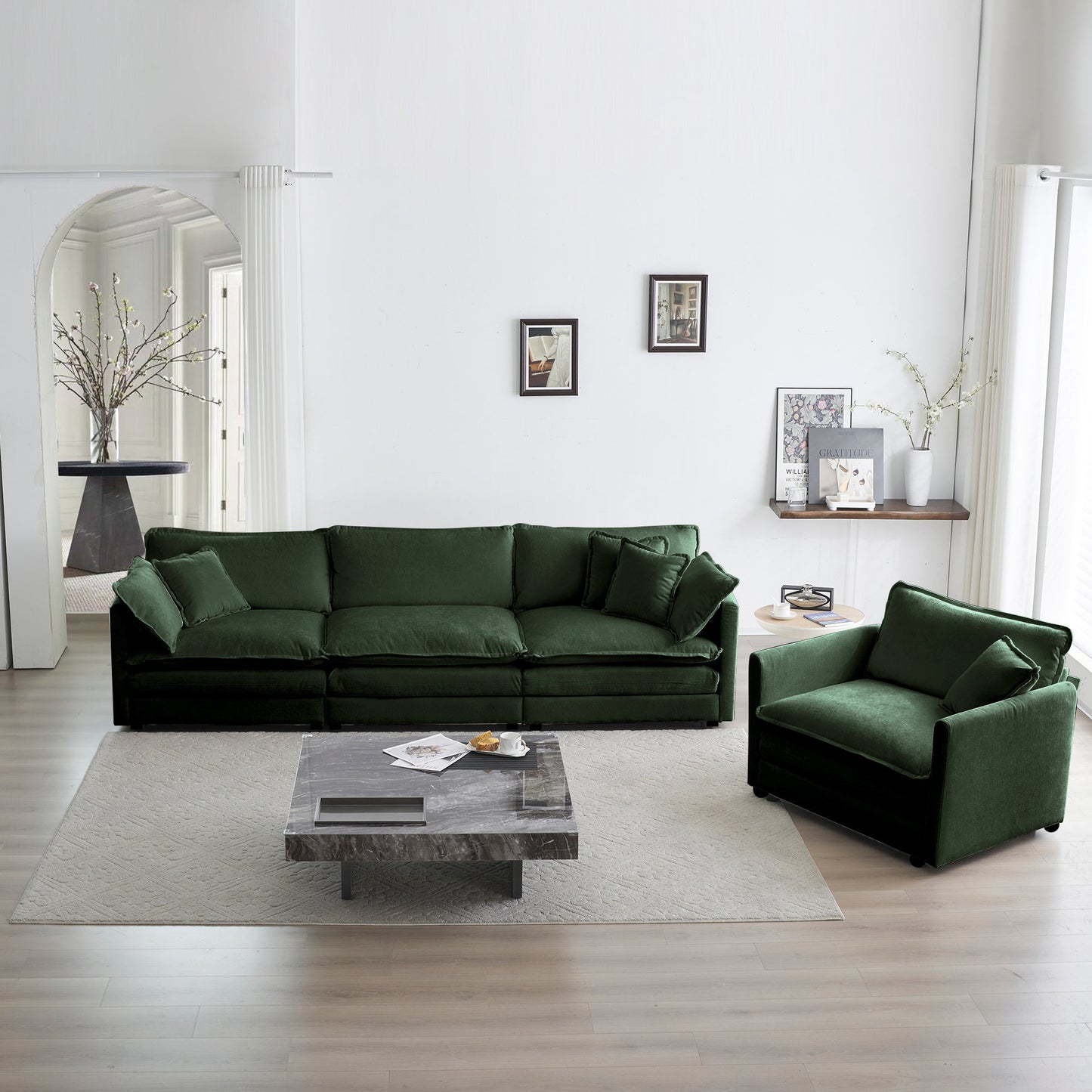 NEW Modern Green Chenille Deep Seat 2-Piece Upholstered Sectional Sofa Couch Set