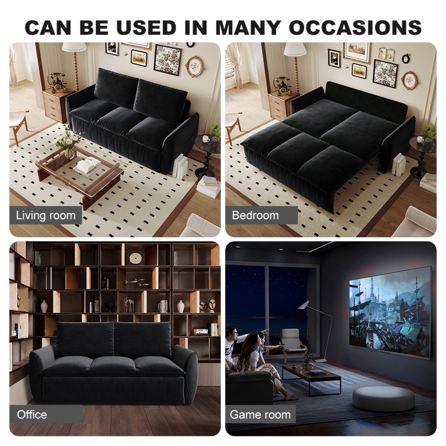 NEW 70.9' Multi-Functional 3-Seat Velvet Black Convertible Sleeper Sofa