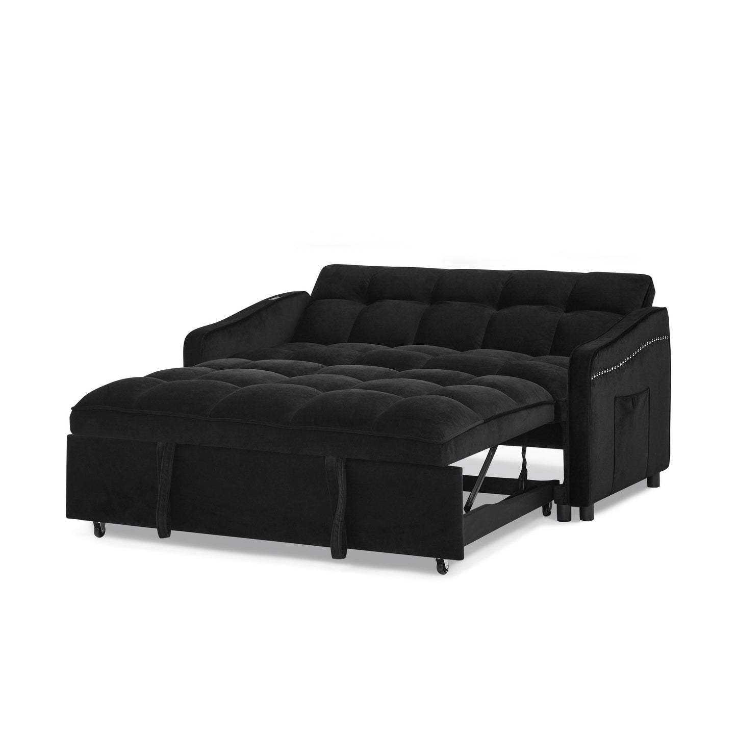 NEW Loveseats Sofa Bed with Pull-out Bed,Adjsutable Back and Two Arm Pocket,TypeC and USB Charging with Copper nail,Black (47'x53'x31')