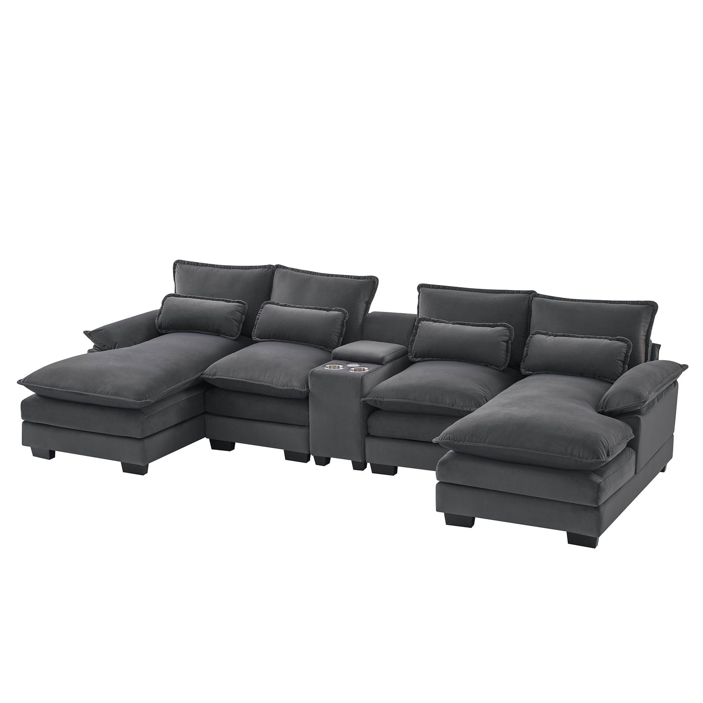 NEW Modern Gray Velvet Upholstered U-shaped 6-Seat Sofa with Console Cupholders and USB Ports