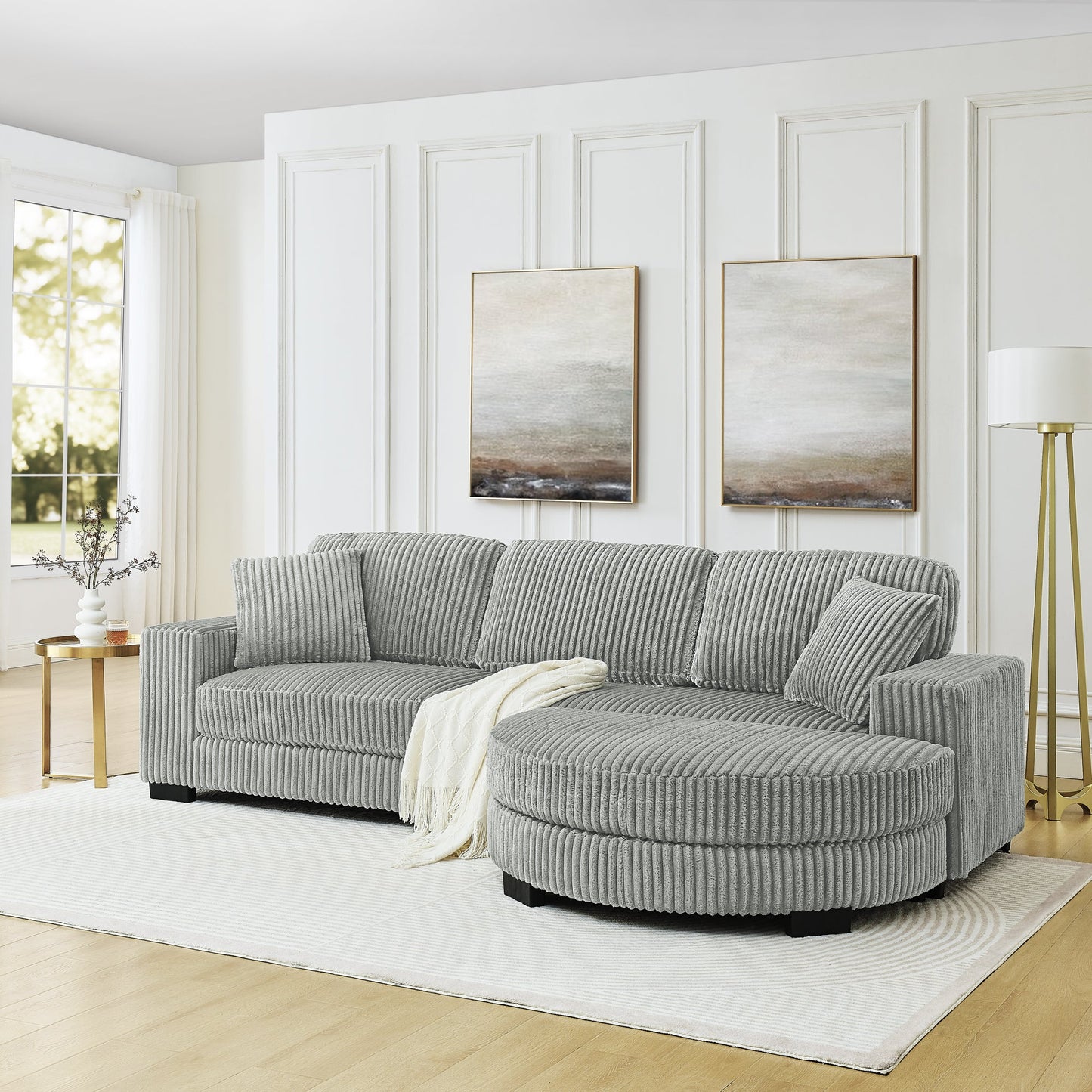 NEW Corduroy Tufted Upholstered Sleeper Sectional L-Shaped Modular Convertible Sofa with Arc-Shaped Footstool