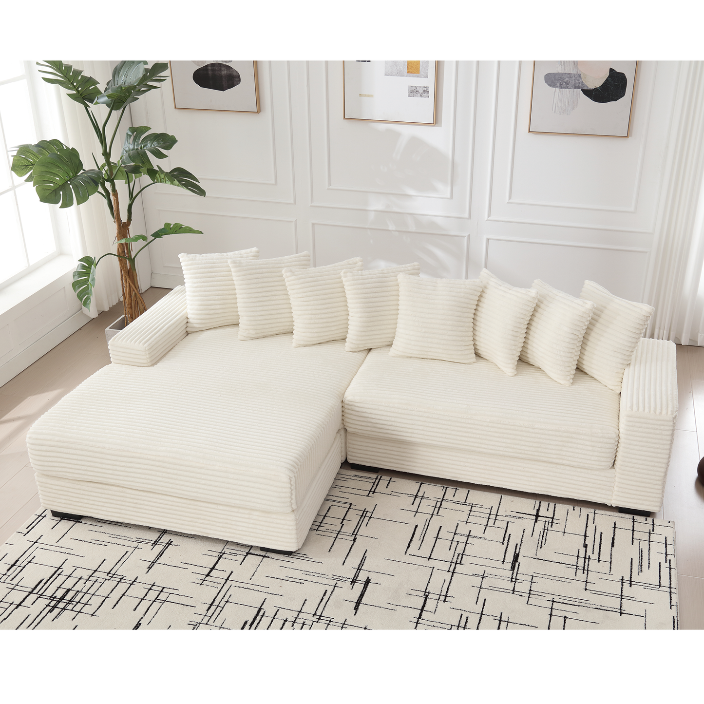 NEW Oversized Two-Piece  Couches,  L Shaped Sofa, Corduroy, Left Chaise Daybed,with Armrests,Eight Throw Pillows,Corner Sofa,Easy To Assemble, Beige