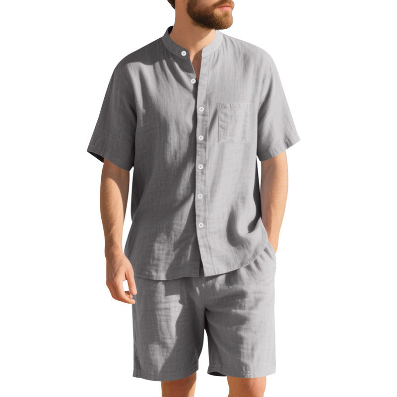New American Linen Suit Men's Summer Two-piece Suit Henry Collar Beach