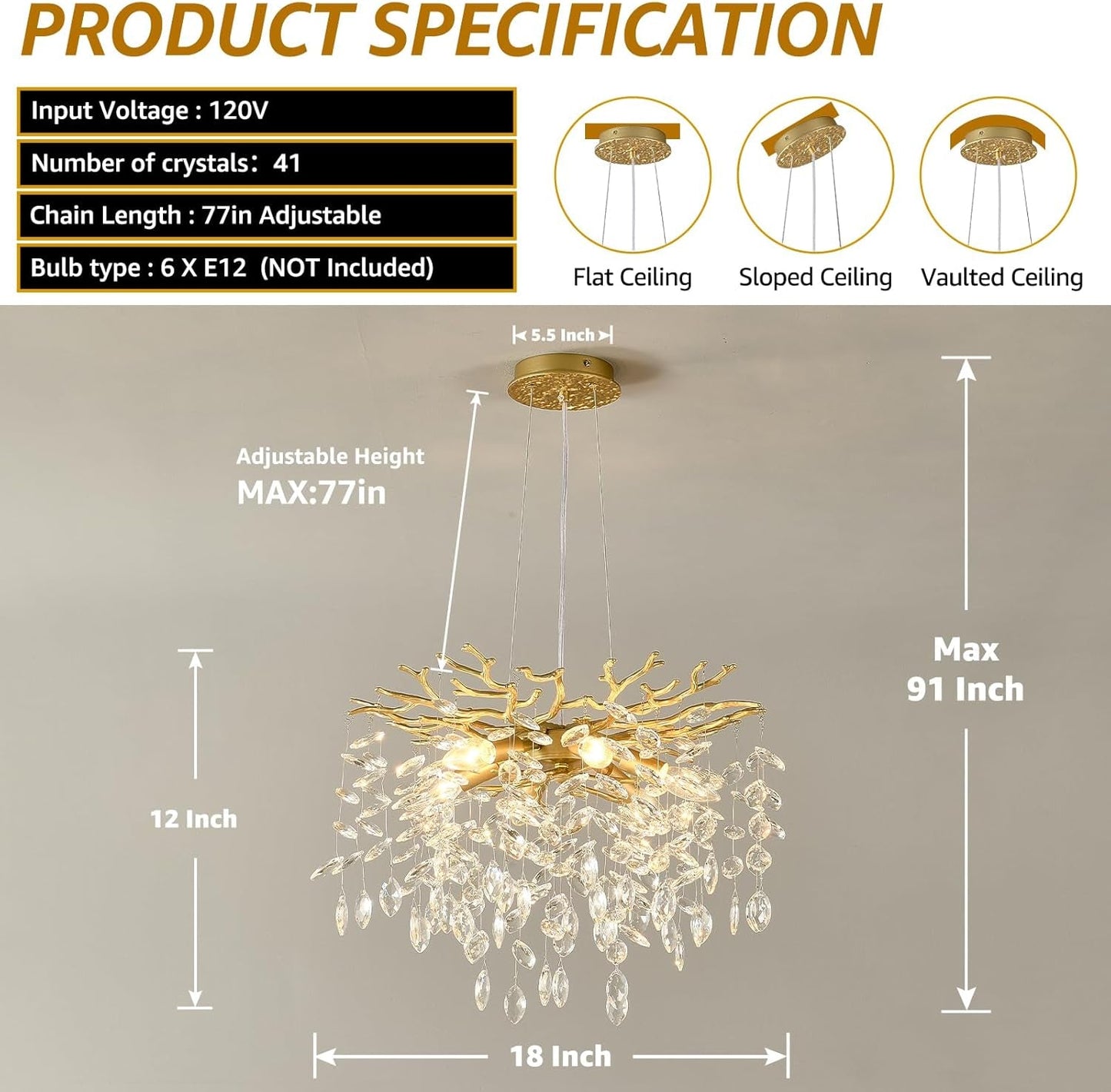 NEW Gold Crystal Tree Branch Chandelier 18 Inch K9 Crystals