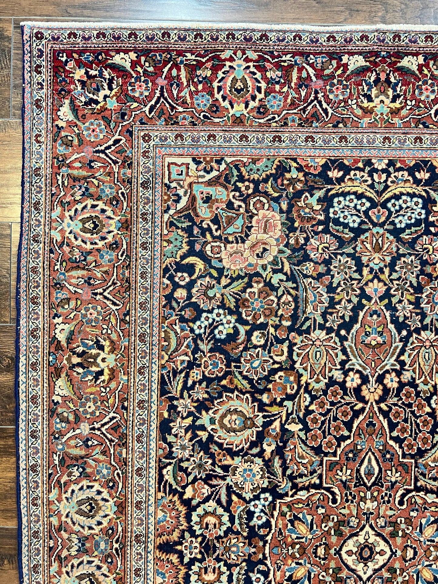 USED Persian Kashan Rug 4x7, Floral Medallion Vintage Handmade Hand Knotted Navy Blue & Red Wool Oriental Carpet, Highly Detailed Semi Antique Rug