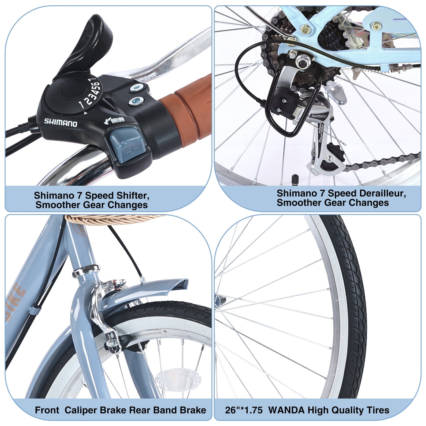 NEW 7 Speed City  Bike With  Basket , Steel Frame ,Multiple Colors 26 Inch Girls Bicycle