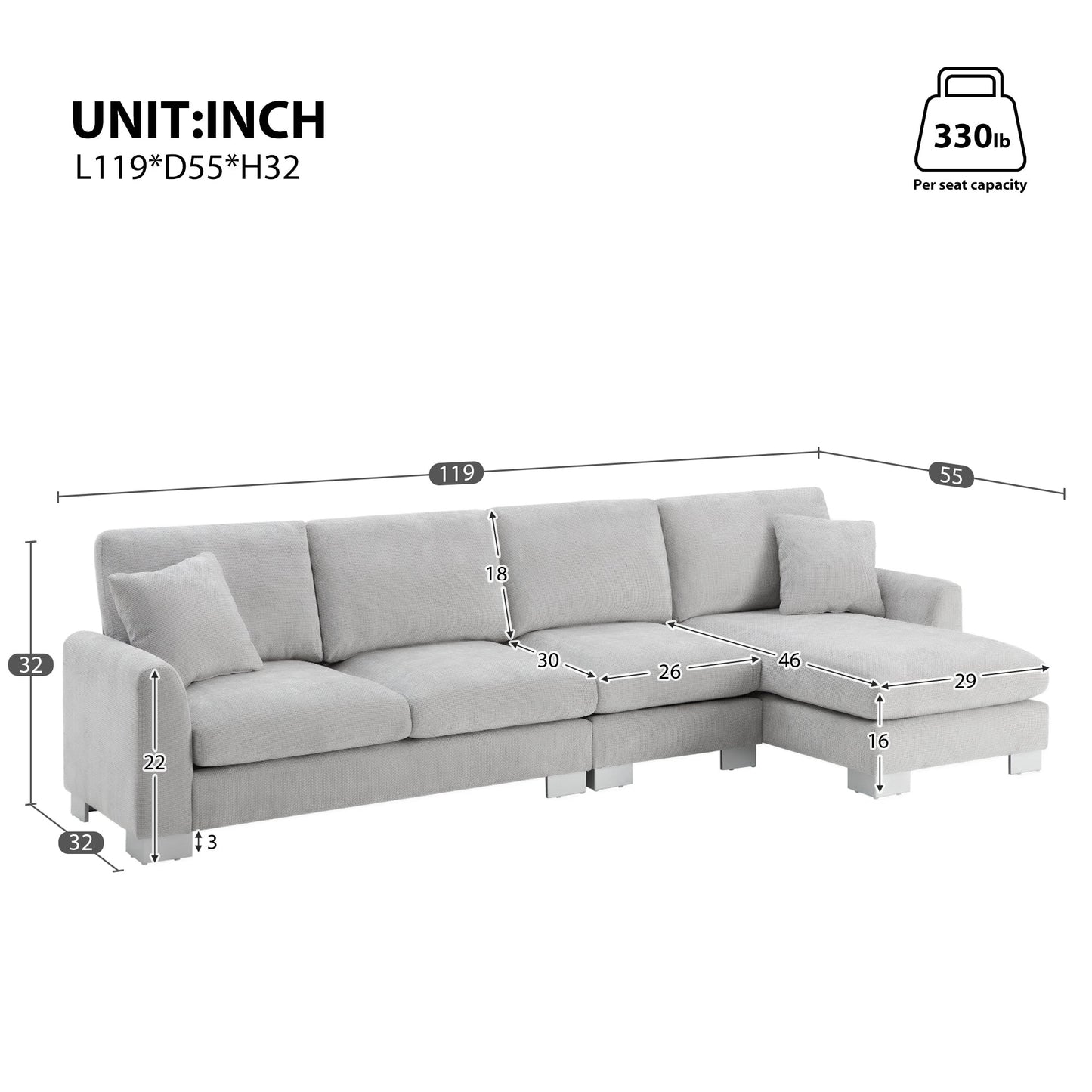 NEW Chenille Fabric Light Gray Modern Oversized L-Shaped Sectional Sofa with Chaise and Pillows