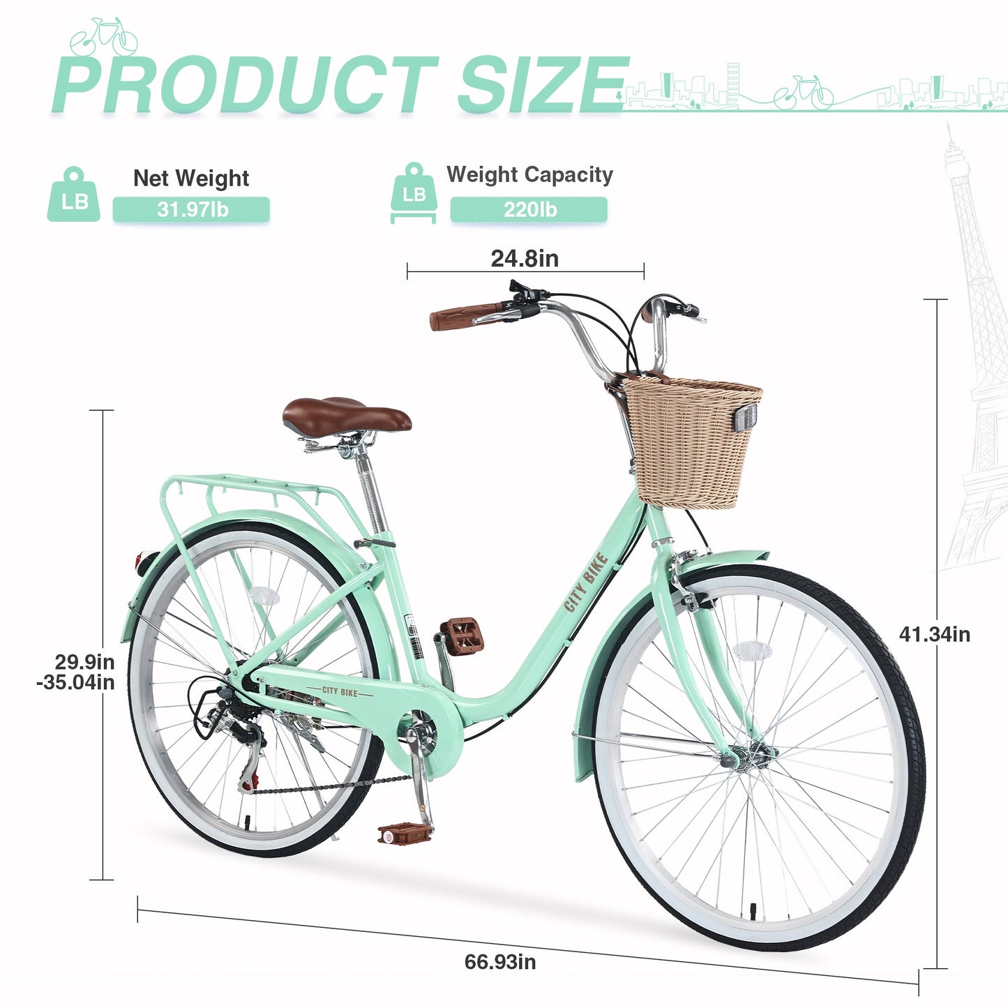 NEW 7 Speed City  Bike With  Basket , Steel Frame,Multiple Colors 26 Inch Girls Bicycle