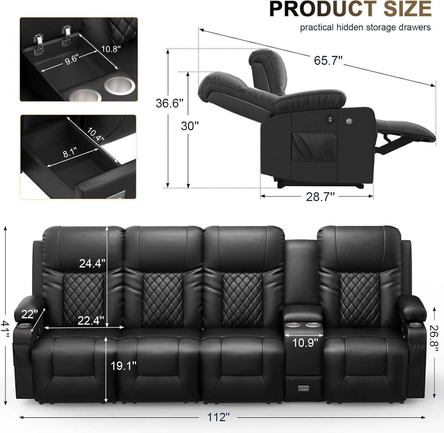 NEW 4 Seat Recliner Sofa With USB Ports And Storage Console