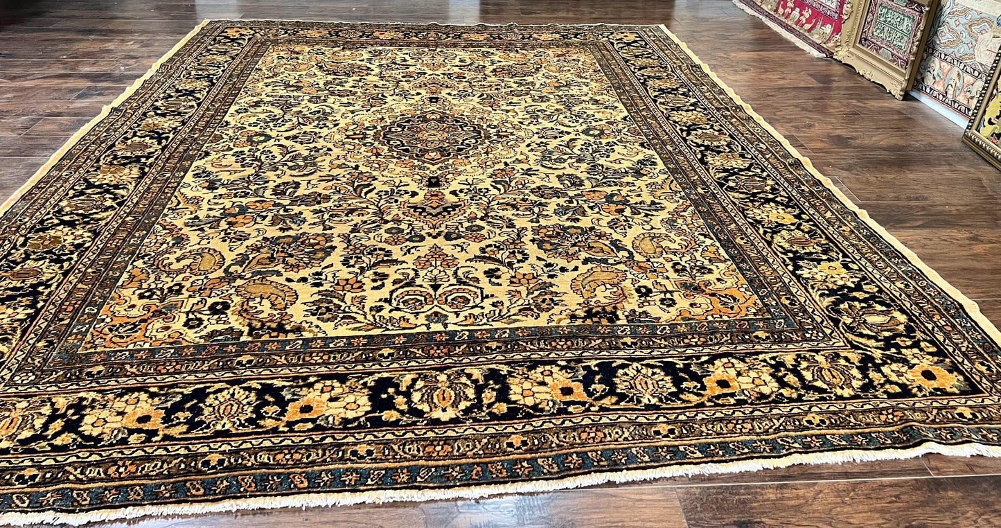 USED Antique Persian Rug 9x11, Wool Handmade 1920s Oriental Carpet, Persian Hamadan Anjelas Rug, Cream Black, Floral Allover Oriental Rug 9 x 11 Room Sized Rug