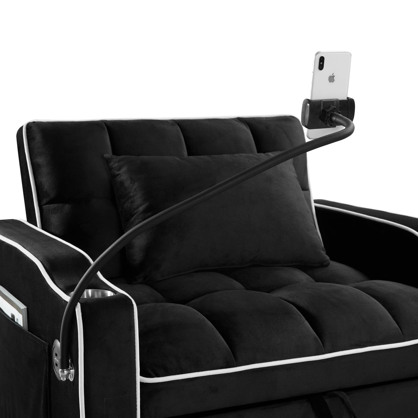 NEW Black Velvet Convertible Adjustable Sleeper Chair Pull Out Sofa Bed with Multi-Pockets