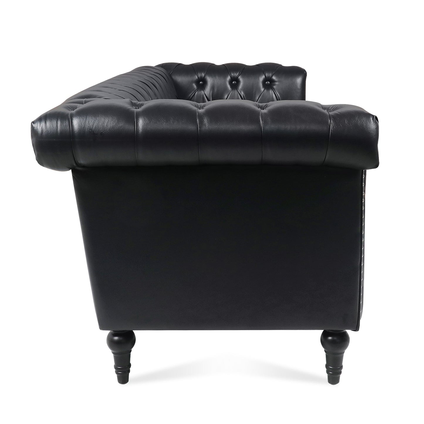 NEW Traditional Black PU 3-Seater Sofa Couch with Removable Cushions and Birch Legs
