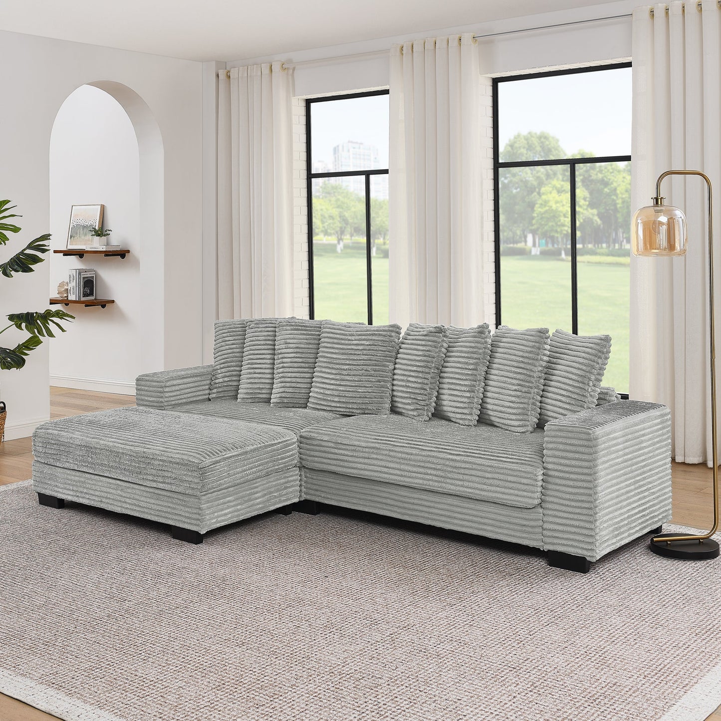 NEW Gray Corduroy Tufted Upholstered Sleeper Sectional L-Shaped Modular Convertible Sofa