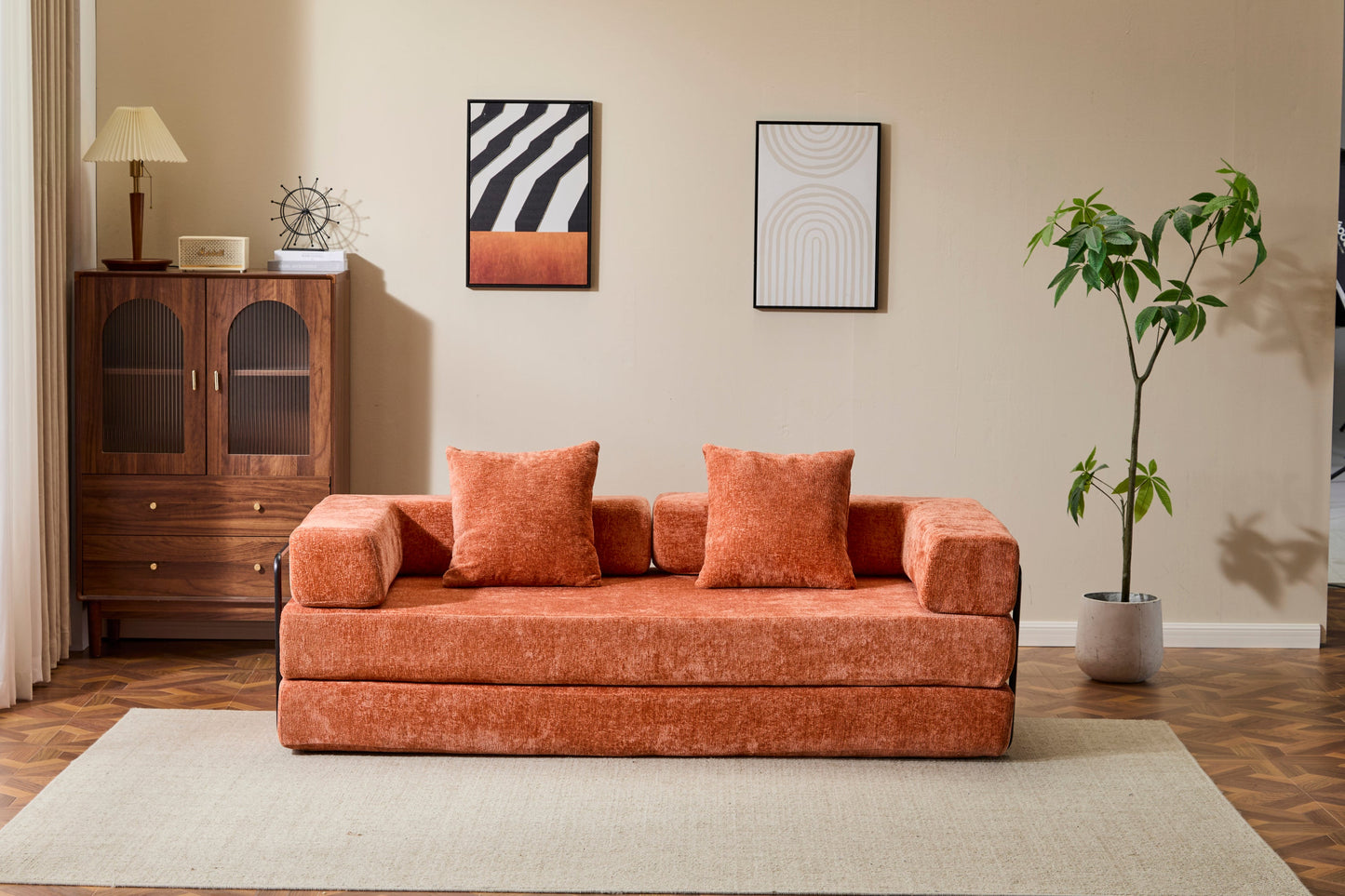 NEW Orange Chenille Fabric Comfy Futon Couch Lounge Sleeper Compression Convertible Floor Sofa Bed Couch with Pillow Back Support Armrest Bed