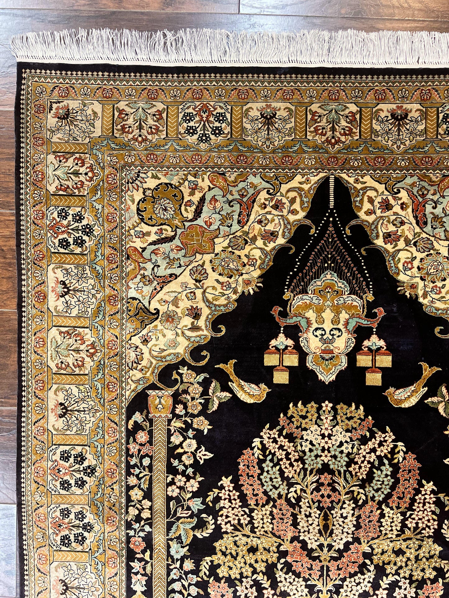 USED Wonderful Sino Persian Silk Rug 4x6, Tree of LIfe Design, Masterpiece 575 KPSI, Birds, Prayer Rug, Black, Silk on Silk