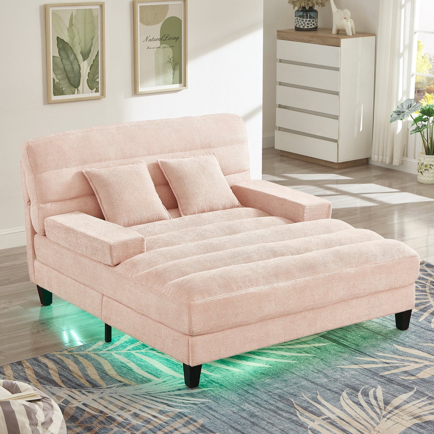 NEW Modern Pink Chenille Upholstered 57.1’ Chaise Lounge Sofa Bed with Adjustable Backrest and LED Light Strip