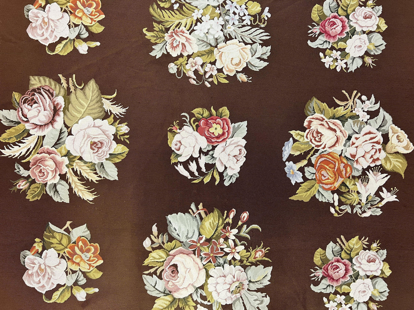 USED Vintage Needlepoint Rug 9x12, Large Handmade Hand-woven Needlepoint Carpet, Brown Area Rug, Floral Bouquets, Wool Rug, European Design